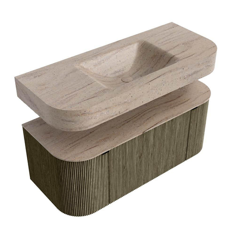 MONDIAZ THOR-DLUX 110cm meuble de salle de bains arrondi gauche + droite couleur Shadow avec 1 tiroir et 2 portes. Vasque suspendue CLOUD Milieu 1 trou de robinet couleur Saba. SW1463023