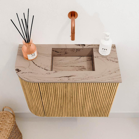 Mondiaz JOYA-DLUX 51.6cm toiletmeubel - ronding links kleur Oak - Wastafel FAYE positie Rechts Zonder kraangat kleur Arena. SW1423863