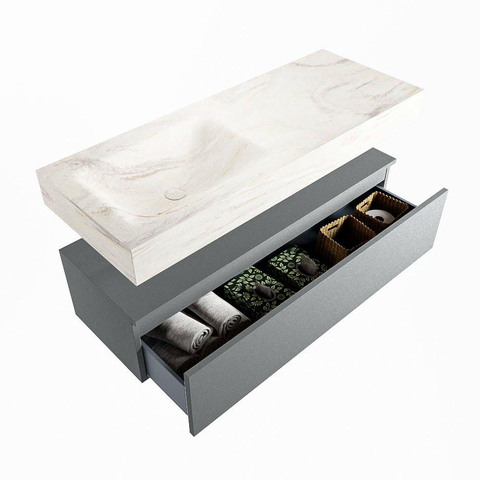 Mondiaz ALAN-DLUX Ensemble de meuble - 120cm - meuble Plata mat - 1 tiroir - Lavabo Cloud Ostra suspendu - vasque Gauche - 1 trou de robinet SW807903