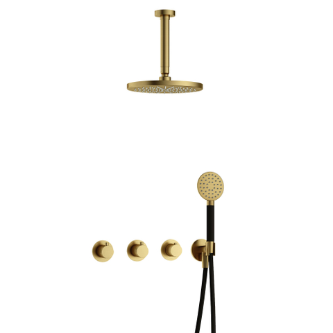Hotbath Cobber IBS70 Regendoucheset - inbouw - 15cm plafondarm - 20cm ronde hoofddouche - 3 standen handdouche - PVD - geborsteld messing (goud) SW677687