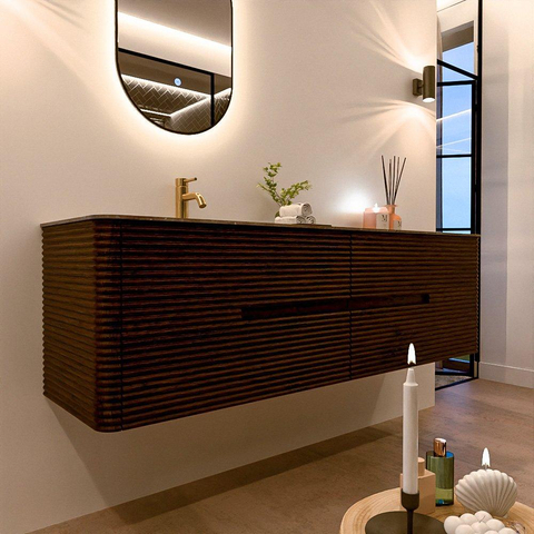 Mondiaz CIRO-DLUX Meuble de salle de bains - 170x45x50cm - Plan vasque Solid surface Oza - 1 vasque à gauche - 1 trou pour robinet - 4 tiroirs - Noyer SW1530705