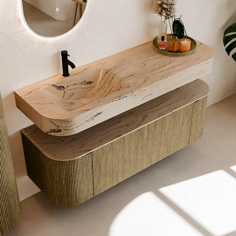 MONDIAZ THOR-DLUX Meuble de salle de bains 140cm arrondi gauche + droite couleur Dusk avec 1 tiroir et 2 portes. Vasque suspendue CLOUD Gauche 1 trou de robinet couleur Arena. SW1464351
