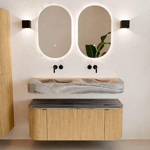 MONDIAZ THOR-DLUX Meuble de salle de bains 120cm arrondi gauche + droite couleur Oak avec 1 tiroir et 2 portes. Vasque suspendue CLOUD Double sans trou de robinet couleur Sombra. SW1463660