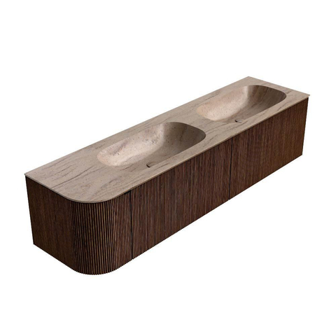 MONDIAZ KURVE-DLUX 175cm meuble de salle de bains arrondi à gauche couleur Walnut avec 2 tiroirs et 1 porte. Lavabo STOR SMALL Double / Droite sans trou de robinet Saba. SW1433223