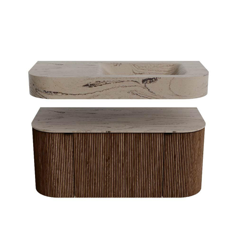 MONDIAZ THOR-DLUX 100cm meuble de salle de bains arrondi gauche + droite couleur Walnut avec 1 tiroir et 2 portes. Vasque suspendue CLOUD droite 1 trou de robinet couleur Arena. SW1467451