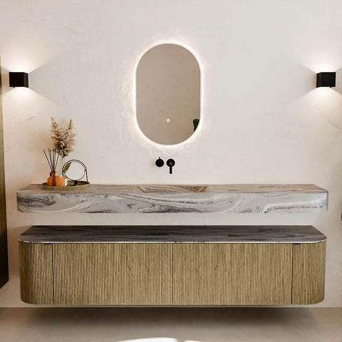 MONDIAZ THOR-DLUX 200cm meuble de salle de bains arrondi gauche + droite couleur Dusk avec 2 tiroirs et 2 portes. Vasque suspendue CLOUD Milieu sans trou de robinet couleur Sombra. SW1467277