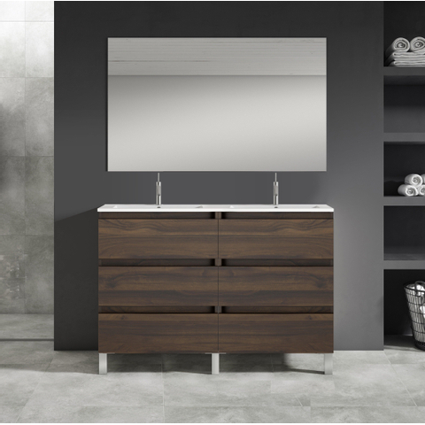 Saniclass Chaci PLUS Meuble de salle de bain - 120x86x46cm - lavabo en céramique blanc - 2 vasques - 2 trous de robinet - 6 tiroirs - miroir rectangulaire - noyer (hout) SW926303