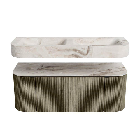 MONDIAZ THOR-DLUX 120cm meuble de salle de bains arrondi gauche + droite couleur Shadow avec 1 tiroir et 2 portes. Vasque suspendue CLOUD Double 2 trous de robinet couleur Frappe. SW1463157