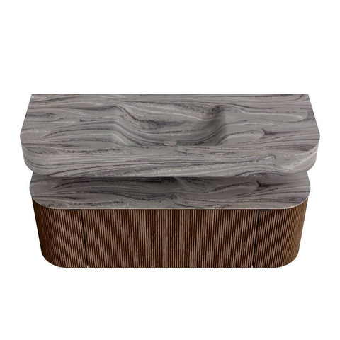 MONDIAZ THOR-DLUX 130cm meuble de salle de bains arrondi gauche + droite couleur Walnut avec 1 tiroir et 2 portes. Vasque suspendue CLOUD Milieu 1 trou de robinet couleur Sombra. SW1464063
