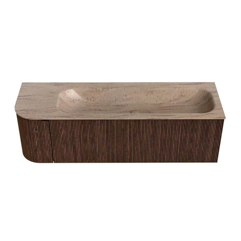 MONDIAZ KURVE-DLUX meuble de salle de bains 145cm arrondi à gauche couleur Walnut avec 1 tiroir et 1 porte. Lavabo BIG LARGE à droite 2 trous de robinet Saba. SW1433203