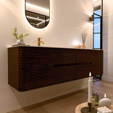 Mondiaz CIRO-DLUX Badkamermeubelset - 180x45x50cm - Solid surface wastafel Meli - 1 wasbak Links - 1 kraangat - 4 lades - Walnut SW1530532