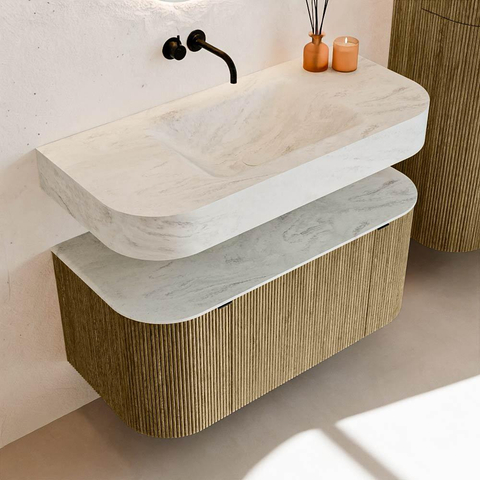 MONDIAZ THOR-DLUX 100cm meuble de salle de bains arrondi gauche + droite couleur Dusk avec 1 tiroir et 2 portes. Vasque suspendue CLOUD Milieu sans trou de robinet couleur Opalo. SW1467404