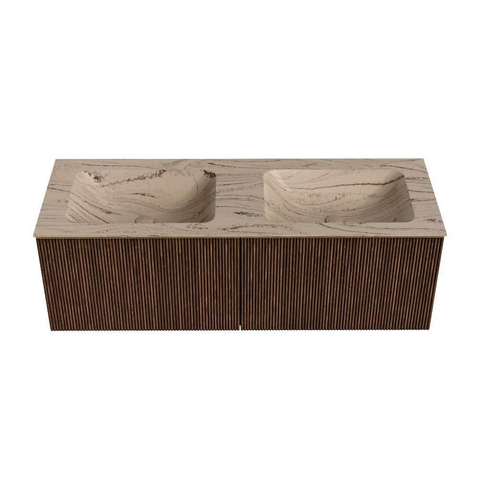 MONDIAZ KURVE-DLUX 130cm badmeubel kleur Walnut met 2 lades en 0 deuren. Wastafel LEAF Dubbel zonder kraangat Arena. SW1431253