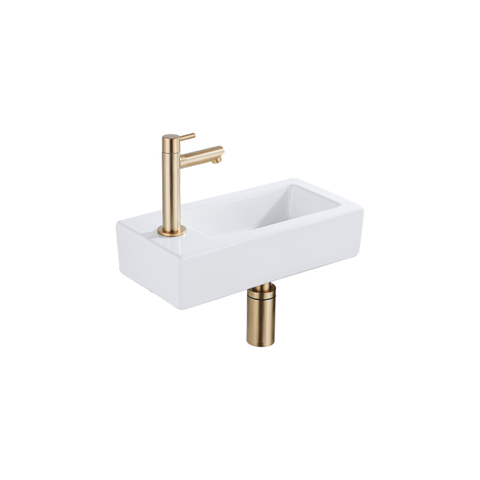QeramiQ Fuente pack lave-mains – 37,5 x 18,5 x 9 cm – céramique blanc brillant – perçage à gauche – robinet doré brossé SW1232751