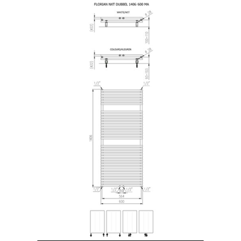 Plieger Florian Nxt M radiateur design double horizontal avec raccordement central 1406x600mm 1153W blanc 7255239