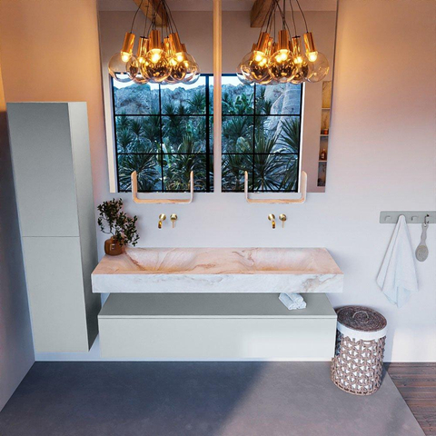 Mondiaz ALAN-DLUX Ensemble de meuble - 150cm - meuble Clay mat - 1 tiroir - Lavabo Cloud Frappe suspendu - vasque Gauche et droite - 0 trous de robinet SW805358
