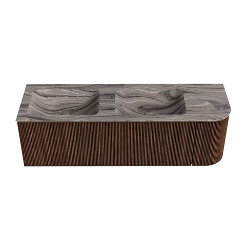 MONDIAZ KURVE-DLUX Meuble de salle de bains 145cm arrondi à droite couleur Walnut avec 1 tiroir et 1 porte. Lavabo LEAF Double / à gauche sans trou de robinet Sombra. SW1433689