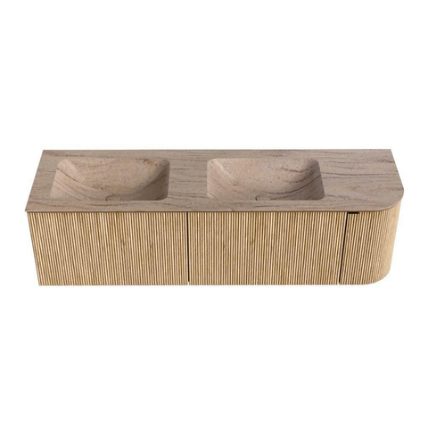 MONDIAZ KURVE-DLUX 155cm badmeubel ronding Rechts kleur Oak met 2 lades en 1 deur. Wastafel LEAF Dubbel / Links zonder kraangat Saba. SW1433109