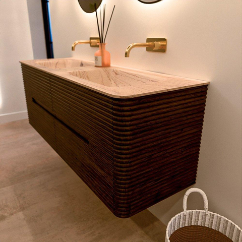 Mondiaz CIRO-DLUX Meuble de salle de bains - 140x45x50cm - Plan de toilette en solid surface Arena - 2 vasques Double - sans trous de robinetterie - 4 tiroirs - Noyer SW1530456
