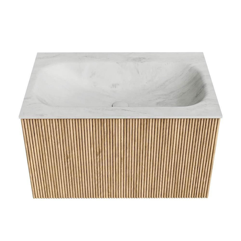 MONDIAZ KURVE-DLUX Meuble de salle de bains 70cm couleur Oak avec 1 tiroir. Lavabo BIG SMALL central 1 trou de robinet couleur Opalo. SW1137544