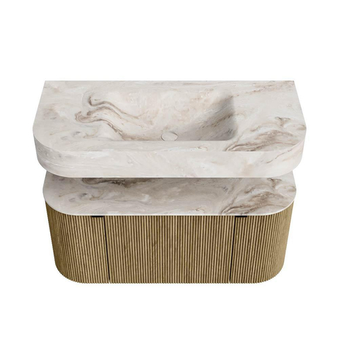 MONDIAZ THOR-DLUX 100cm meuble de salle de bains arrondi gauche + droite couleur Dusk avec 1 tiroir et 2 portes. Vasque suspendue CLOUD Milieu 1 trou de robinet couleur Frappe. SW1467397