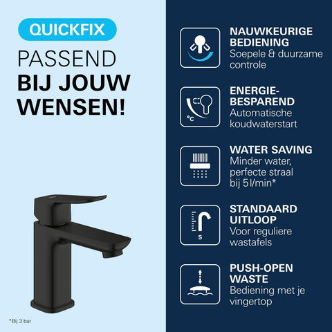 Grohe Dice Wastafelmengkraan - s-size - opbouw - koude start - klikwaste - matte black (mat zwart) SW1440595