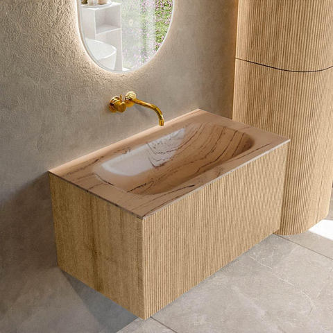 MONDIAZ KURVE-DLUX 80cm badmeubel kleur Oak met 1 lade en 0 deuren. Wastafel BIG SMALL Midden zonder kraangat Arena. SW1431091