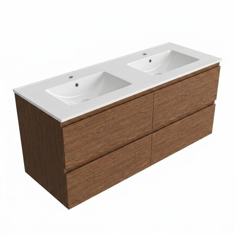 Saniclass Holz Pure Badkamermeubelset - 120x45x62cm - Vygo keramische wastafel wit - 2 wasbakken - 2 kraangaten - 4 lades - mat walnut pure (hout) SW1441854