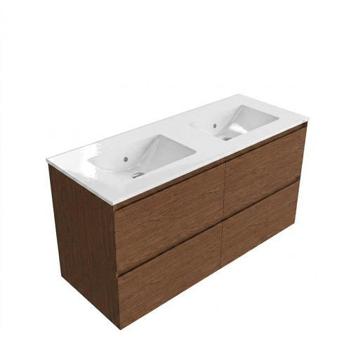 Saniclass Holz Pure Badkamermeubelset - 120x45x60cm - keramische wastafel wit - 2 wasbakken - 2 kraangaten - 4 lades - Walnut pure SW1441854