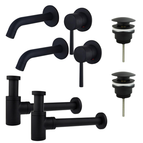 FugaFlow Eccelente Sobrado Badkamer Slim Wastafelkraanset - voor dubbele wastafel - inbouw wastafelkraan - klikwaste plug - verlaagde design sifon - Mat zwart SW1124415