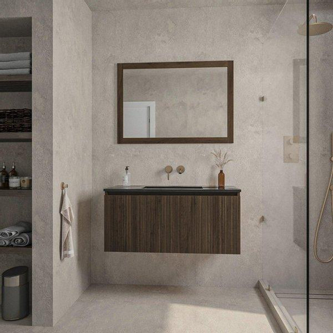 Saniclass Holz Base Meuble de salle de bain - 100cm - 1 vasque en céramique noir - sans trou de robinet - 1 tiroir - miroir - chêne foncé SW857531