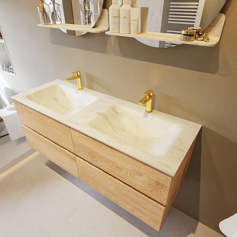 MONDIAZ VICA-DLUX Ensemble meuble de salle de bains - 130cm - meuble bas Washed oak - 4 tiroirs - vasque encastrée cloud double - 2 trous de robinet - version haute 60cm - opalo SW1088441