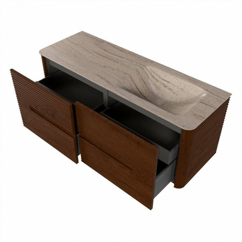 Mondiaz CIRO-DLUX Meuble de salle de bains - 130x45x50cm - Plan-vasque Solid surface Saba - 1 vasque à droite - sans trous de robinet - 4 tiroirs - Ruby SW1532152
