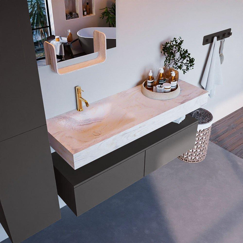 MONDIAZ ALAN - DLUX Ensemble de meuble de salle de bains - 130cm - meuble bas - gris foncé - 2 tiroirs - lavabo suspendu - vasque gauche - 1 trou de robinet - Ostra SW807097