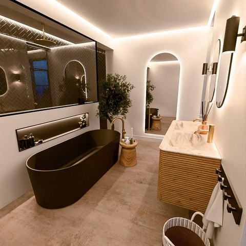 Mondiaz CIRO-DLUX Meuble de salle de bains - 130x45x50cm - Plan vasque solid surface Frappe - 2 vasques double - 2 trous de robinet - 4 tiroirs - Chêne SW1530872
