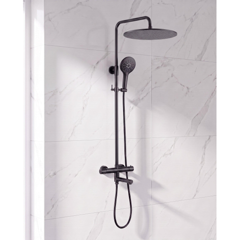 FugaFlow Eccelente Sobrado Ensemble de douche pluie - thermostatique - douche de tête 30 cm - flexible métallique - douchette ronde - bec de baignoire pivotant - noir mat SW1592790