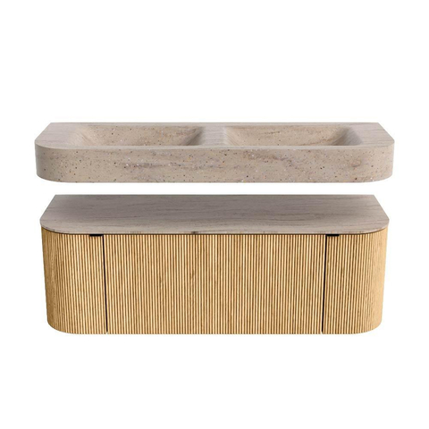 MONDIAZ THOR-DLUX 130cm badmeubel ronding links + rechts kleur Oak met 1 lade en 2 deuren. Vrijhangende wastafel CLOUD Dubbel 2 kraangaten kleur Saba. SW1464053