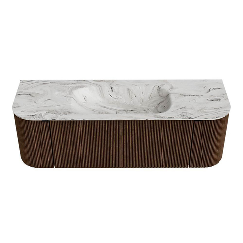 MONDIAZ KURVE-DLUX Meuble de salle de bains 140 cm avec module 25 Len R couleur Walnut avec 1 tiroir et 2 portes. Lavabo BIG SMALL central sans trou de robinet couleur Glace. SW1138026