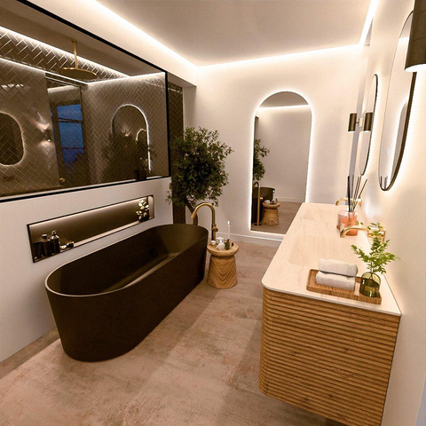 Mondiaz CIRO-DLUX Ensemble de meubles de salle de bains - 190x45x50cm - lavabo solid surface Meli - 2 vasques double - sans trous de robinet - 4 tiroirs - Chêne SW1531422