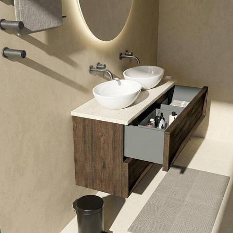 Saniclass Holz Frame Badkamermeubelset - 120x45x63cm - Travertine natuurstenen topblad - zonder kraangat - 2 lades - mat eiken charcoal (hout) SW1580037