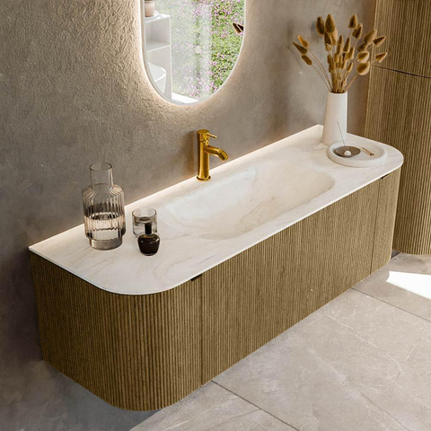 Mondiaz KURVE-DLUX Ensemble de meuble de salle de bains - 140x46x40cm - 1 tiroir - 2 portes - vasque solid surface - central - 1 trou de robinet - Dusk SW1415150