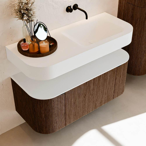 MONDIAZ THOR Meuble de salle de bains - 110cm - arrondi gauche + droite - couleur Walnut - 1 tiroir et 2 portes - Vasque suspendue CLOUD Droite sans trou de robinet - couleur Talc SW1462822