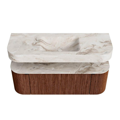MONDIAZ THOR-DLUX 130cm meuble de salle de bains arrondi gauche + droite couleur Ruby avec 1 tiroir et 2 portes. Vasque suspendue CLOUD Milieu 1 trou de robinet couleur Frappe. SW1463562