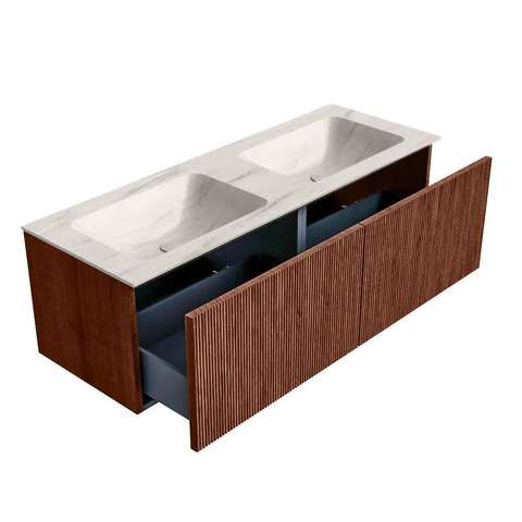 MONDIAZ KURVE-DLUX Meuble de salle de bains 130cm couleur Ruby avec 2 tiroirs et 0 porte. Lavabo LEAF Double 2 trous de robinet Meli. SW1432028