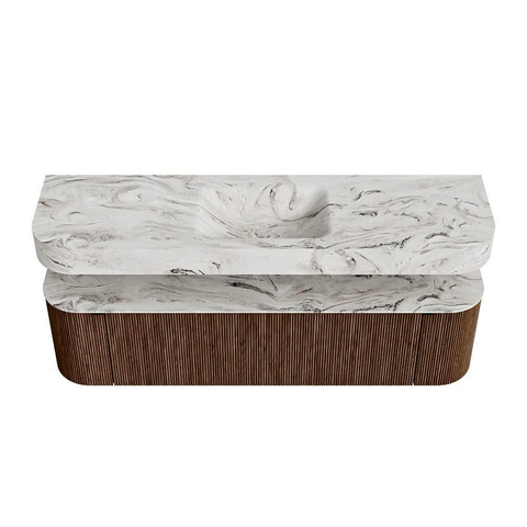 MONDIAZ THOR-DLUX 170cm badmeubel ronding links + rechts kleur Walnut met 1 lade en 2 deuren. Vrijhangende wastafel CLOUD Midden zonder kraangat kleur Glace. SW1465565