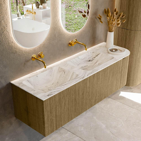 Mondiaz KURVE-DLUX Ensemble meuble de salle de bains - 145x46x40cm - 1 tiroir - 1 porte - vasque solid surface - double / gauche - sans trou de robinet - Dusk SW1415503