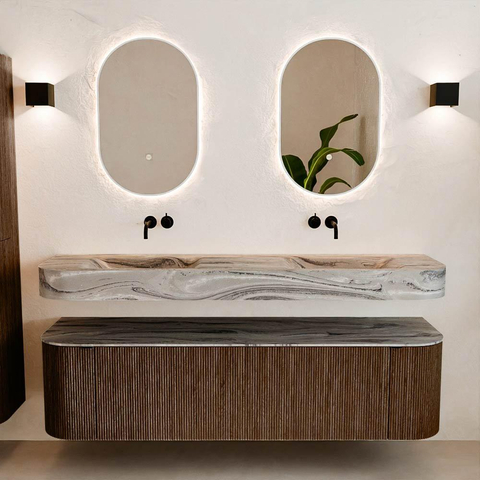 MONDIAZ THOR-DLUX 170cm badmeubel ronding links + rechts kleur Walnut met 1 lade en 2 deuren. Vrijhangende wastafel CLOUD Dubbel zonder kraangat kleur Sombra. SW1465870