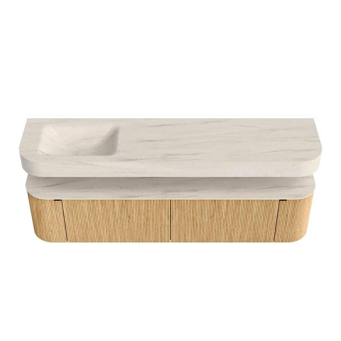 MONDIAZ THOR-DLUX 190cm meuble de salle de bains arrondi gauche + droite couleur Oak avec 2 tiroirs et 2 portes. Vasque suspendue CLOUD gauche sans trou de robinet couleur Meli. SW1466730