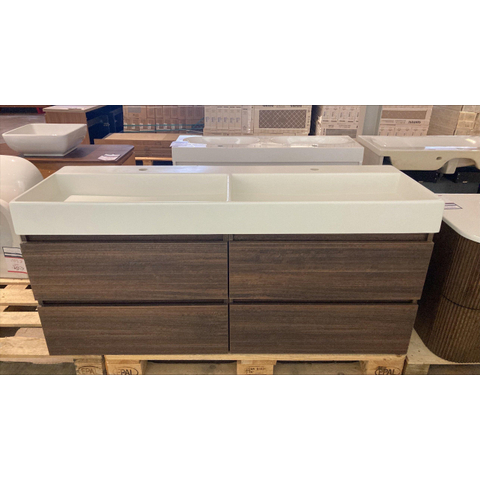 INK Wastafelonderkast - 140x52x45cm - 4 lades - softclose - met houten keerlijst - MFC - Koper eiken - inclusief INK united wastafel - 2 kraangaten - 2 wasbakken - licht beschadigd - OUTLET UDEN STORE44710
