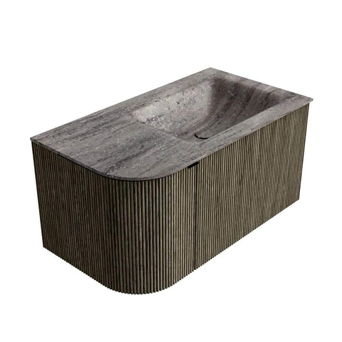 MONDIAZ KURVE-DLUX Meuble de salle de bains 85cm arrondi Gauche couleur Shadow avec 1 tiroir et 1 porte. Lavabo CLOUD Droite sans trou de robinet Oza. SW1432853